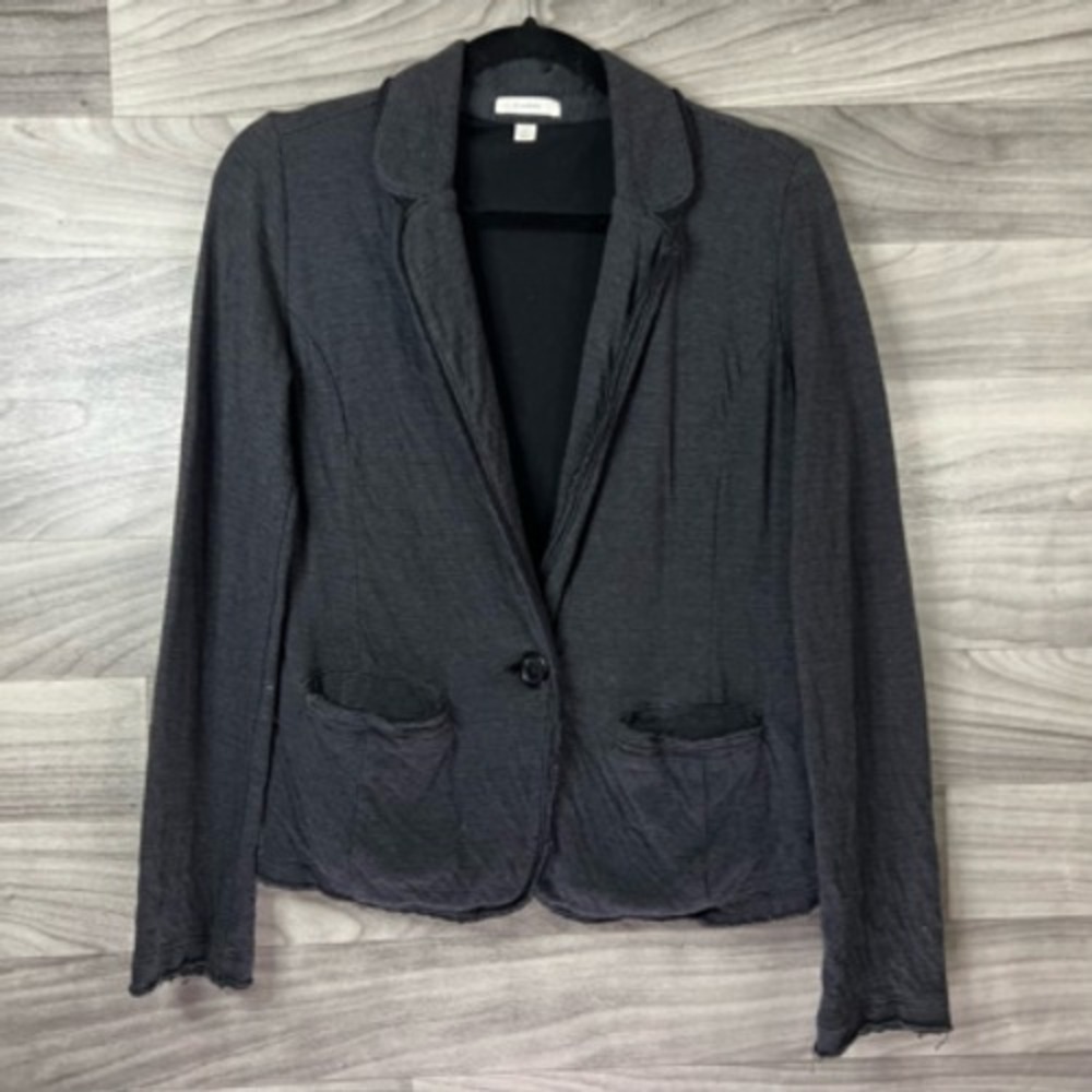 Caslon Womens Blazer Jacket Gray Black Striped Single Button Stretch‎ Knit S
